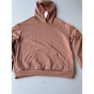 Womens Pink Waffle-Knit Hoodie kangaroo pocket‎ Cozy Size L